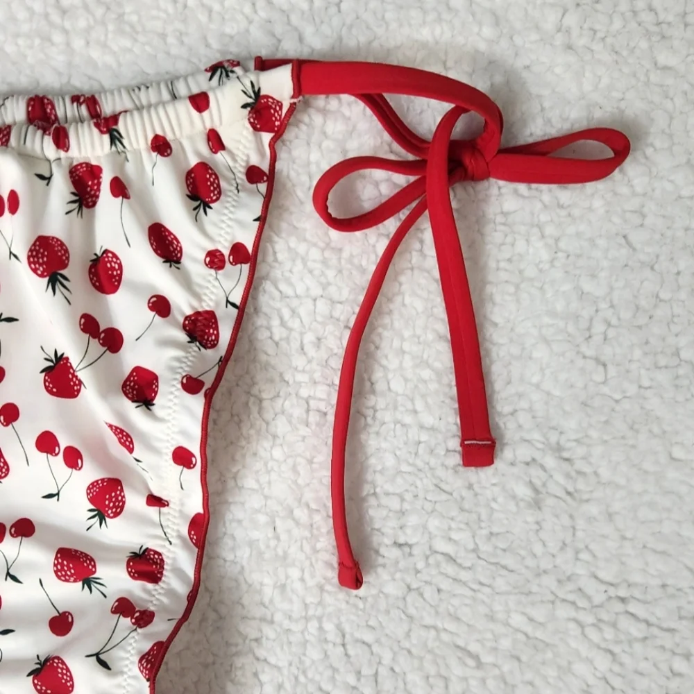 New! Frankie Bikini Summer Berries Strawberry Print Bikini Bottom with Red Ties